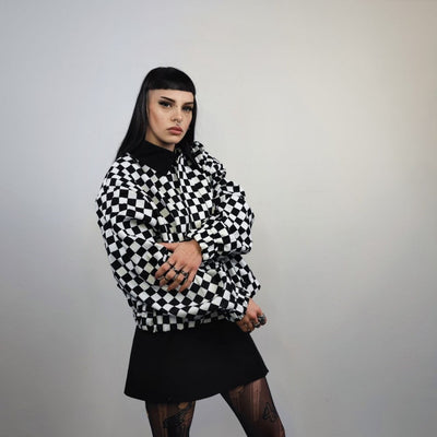 Check print bomber jacket Chequerboard varsity SKA aviator chess pattern coat in black and white