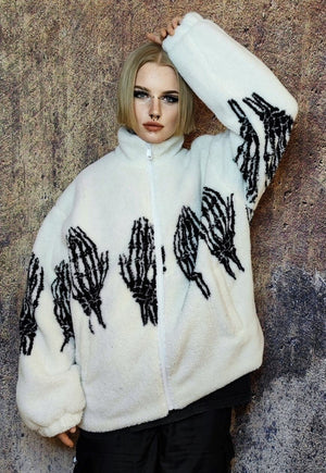 Skeleton fleece jacket faux fur grunge bones bomber in white