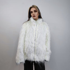 Shaggy faux fur jacket white long hair fluffy going out bomber party fleece fancy dress peacoat high fashion fuzzy Gothic coat rave puffer