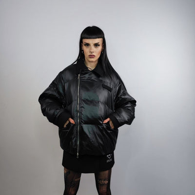 Asymmetric bomber jacket collared puffer quilted high fashion Gothic coat unusual grunge padded aviator jacket in solid shiny black