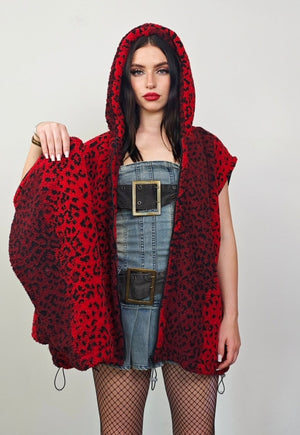 Leopard fleece red hooded bomber detachable sleeves jacket