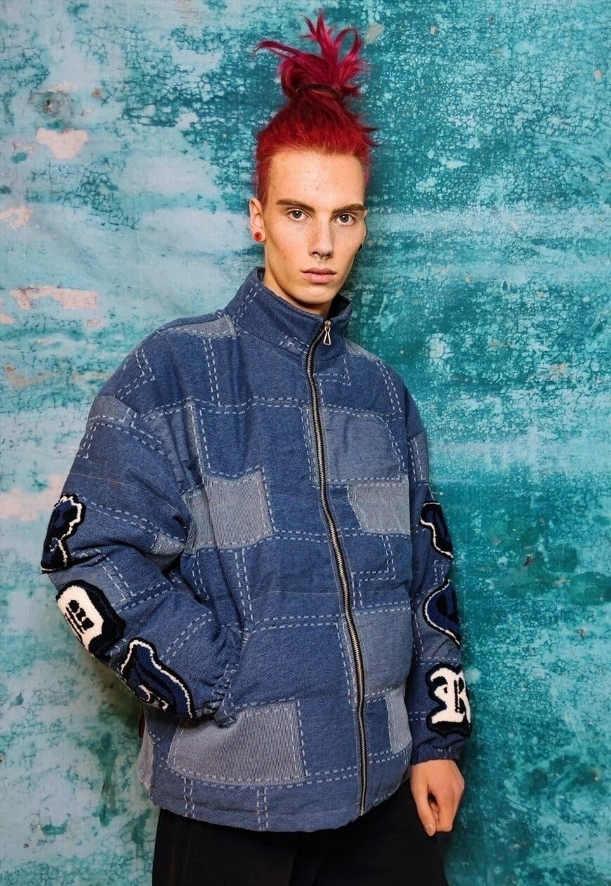 Reworked denim patch bomber jean puffer jacket in blue check