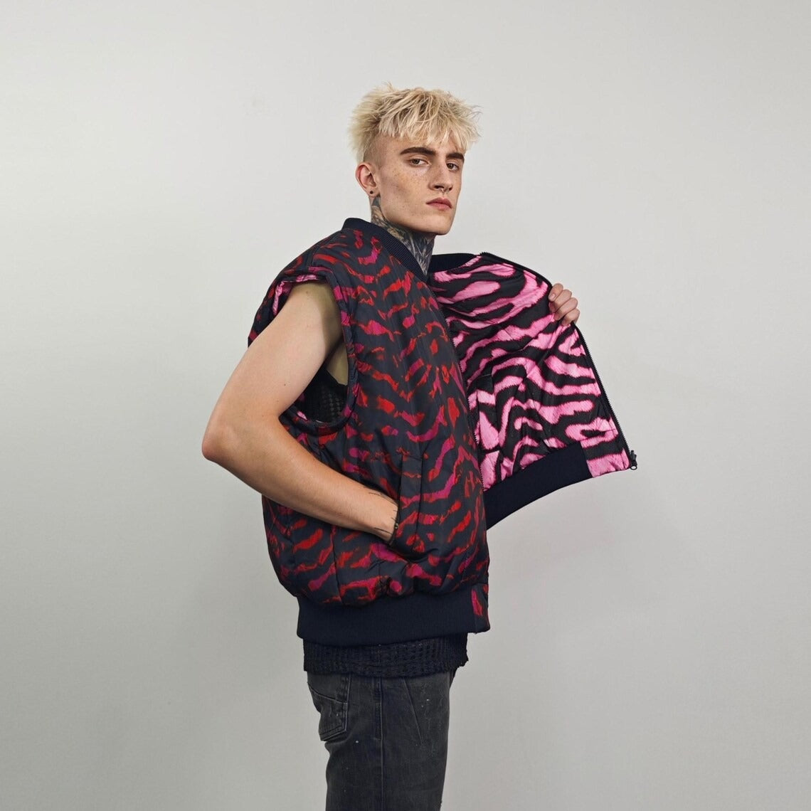 Tiger bomber pink animal print jacket raver reversible college varsity detachable sleeves handmade zebra puffer grunge festival stripe coat