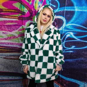 Check fleece jacket handmade 2 in 1 fluffy chess coat green