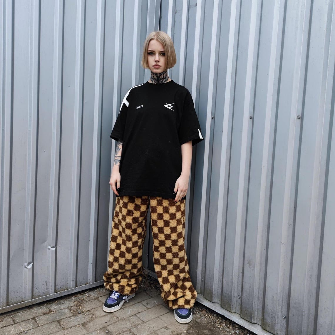 Checked fleece jacket brown hooded geometric bomber plaid grunge coat detachable sleeves handmade check pattern overcoat fuzzy festival set