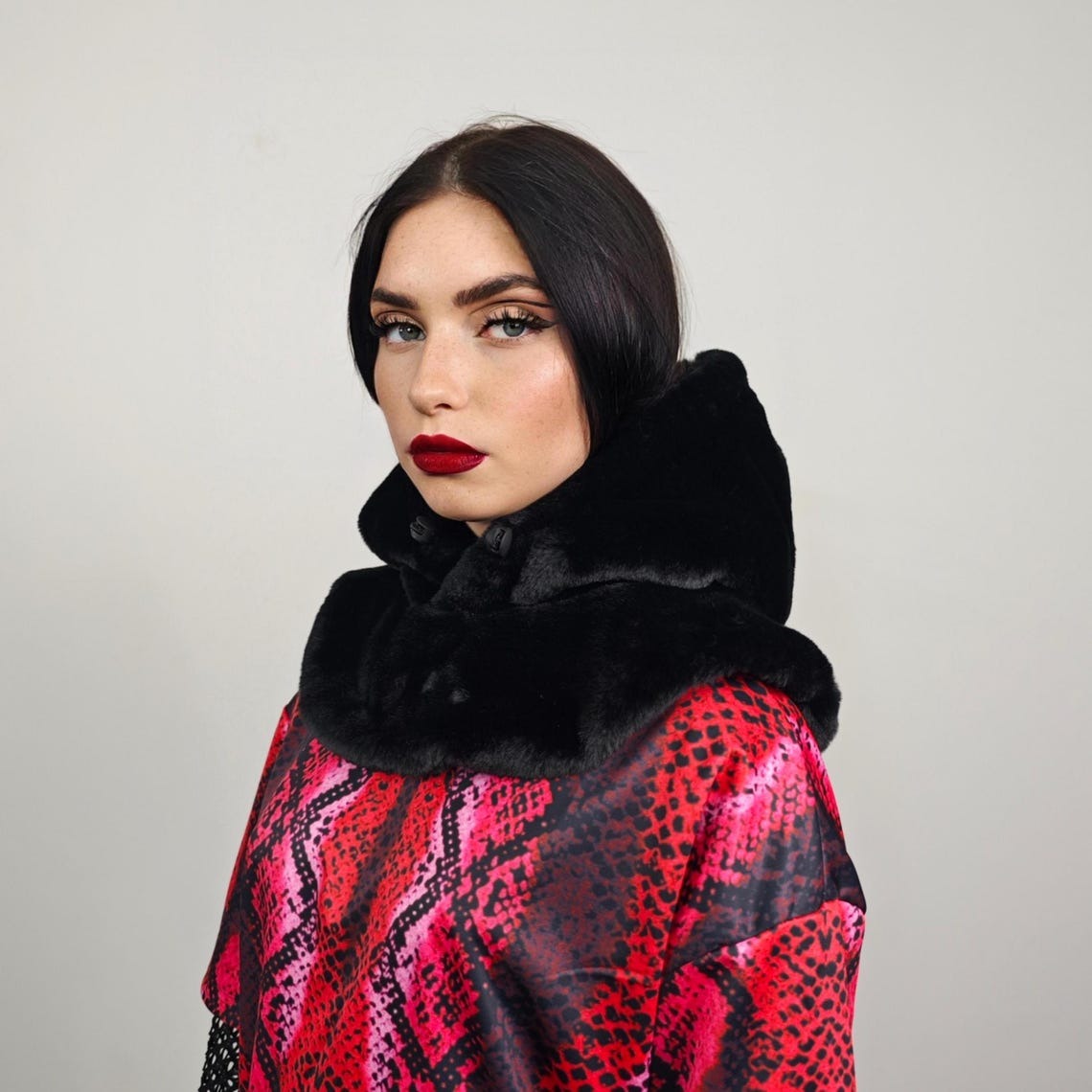 Faux fur hood black snood handmade hooded hat all over fluffy fleece scarf unisex bucket grunge headwear