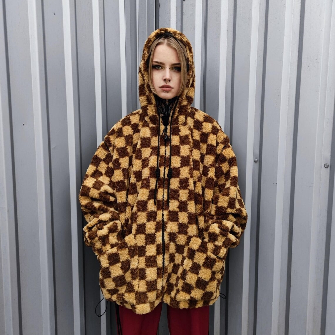 Checked fleece joggers brown Fluffy plaid trousers luxury SKA check pants handmade party hotpants geometric festival set raver tracksuit