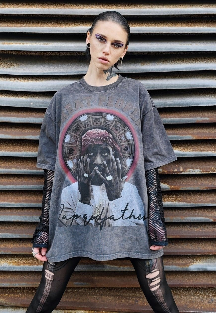 Hip-hop t-shirt rapper tee vintage wash grunge top in grey