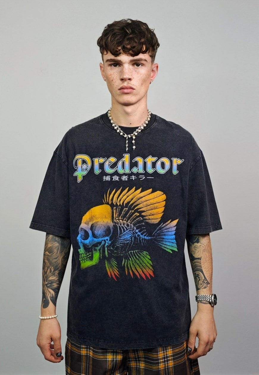 Fish bone t-shirt predator slogan tee retro top vintage grey