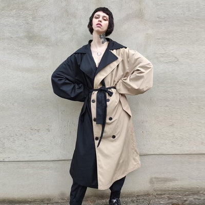 Contrast color stitched trench coat asymmetric mac in cream