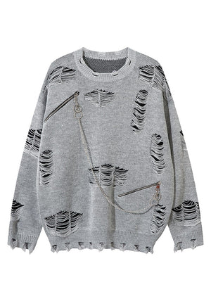 Ripped sweater chained top knit distressed punk jumper grey