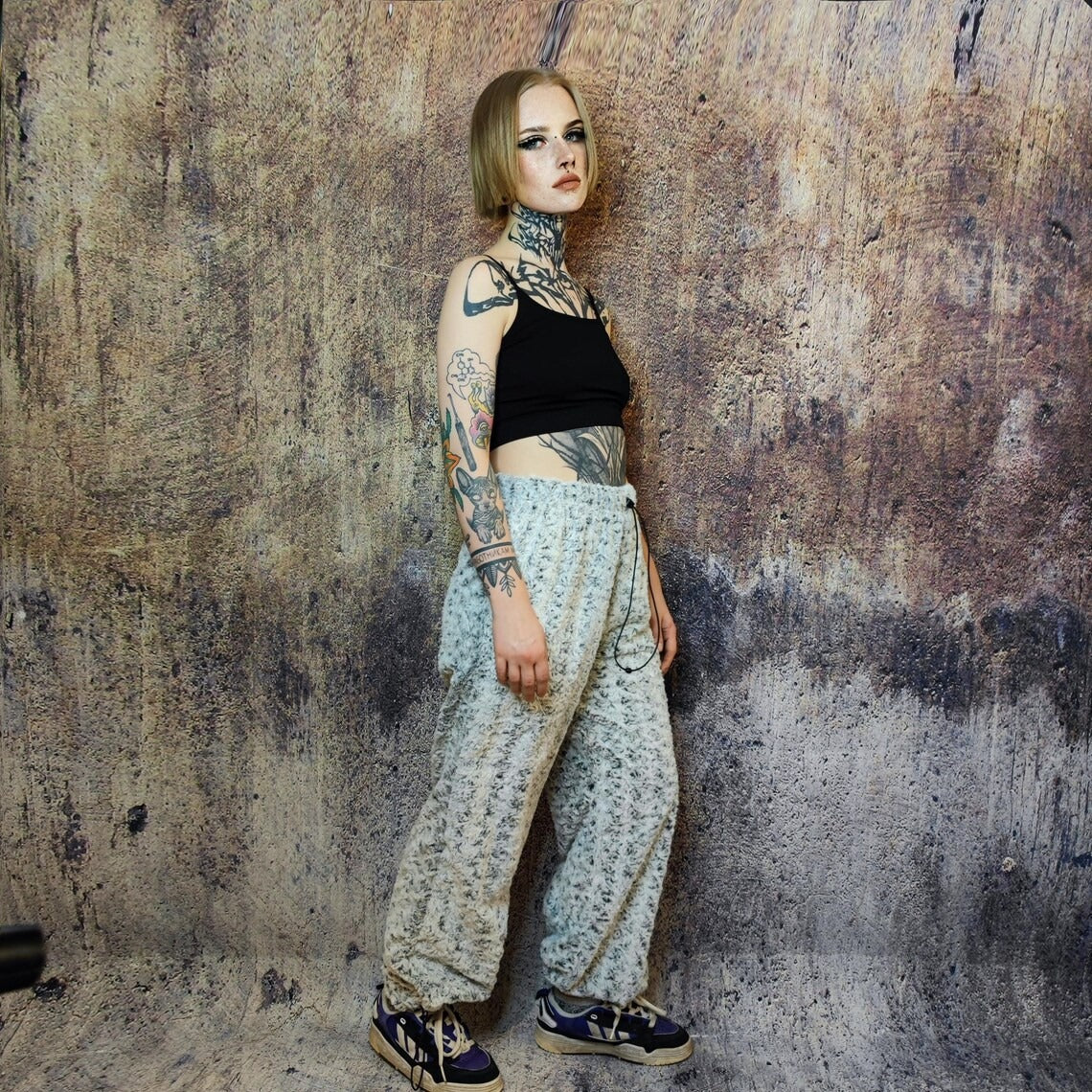 Fluffy fleece joggers grey geometric trousers luxury rose pattern pants handmade party hotpants distressed festival set raver tracksuit