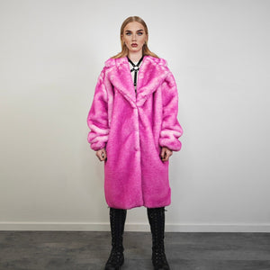 Pink fur coat neon long trench fluorescent psychedelic overcoat heavy rave bomber festival geometric jacket custom going out bright peacoat