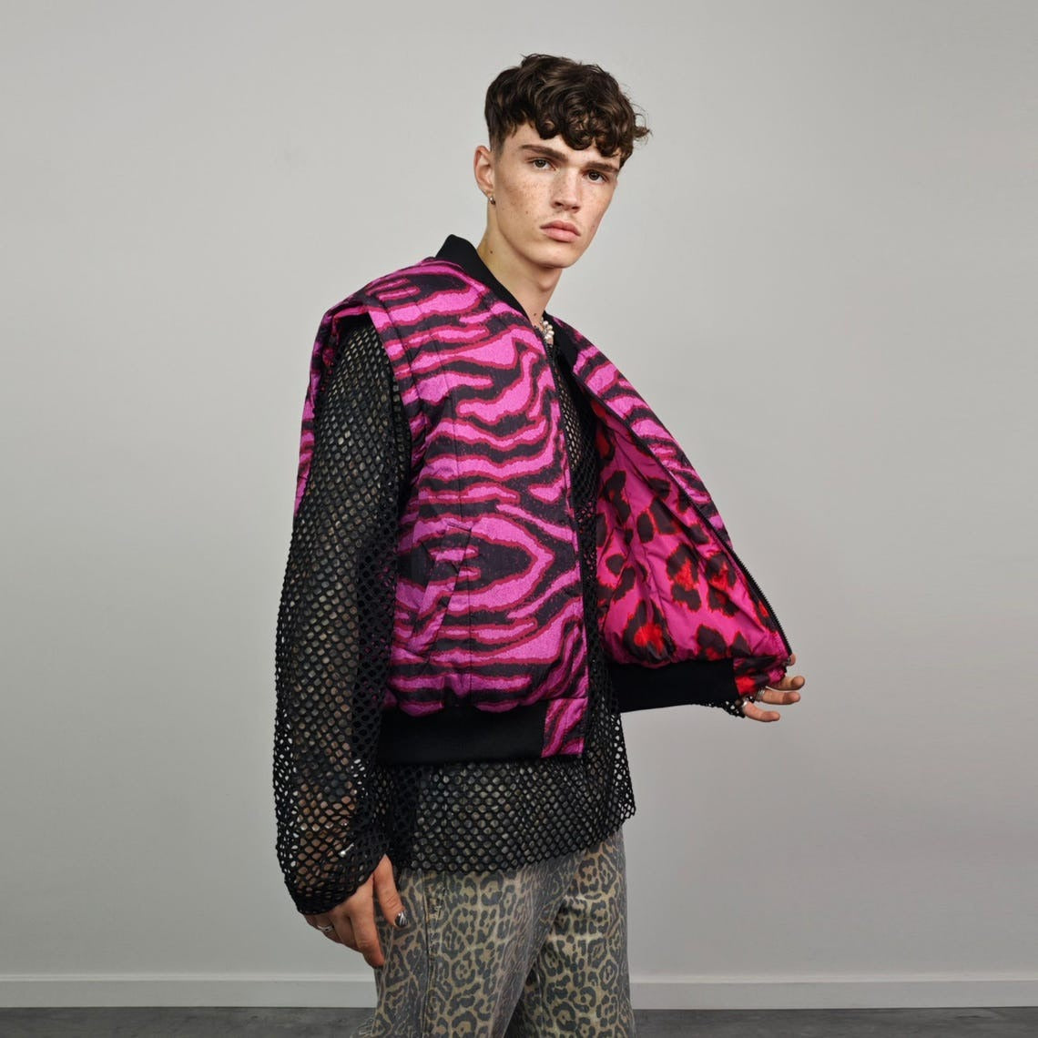 Leopard jacket neon pink animal print bomber reversible cheetah college varsity detachable sleeves handmade rave puffer grunge festival coat