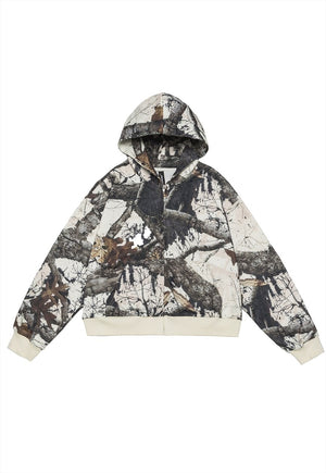 Leaves print crop hoodie jacket forest trees camo pullover