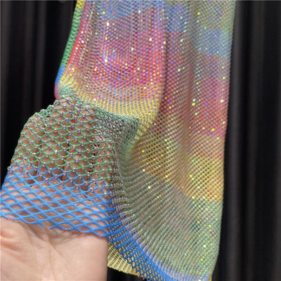 Transparent rainbow dress sleeveless Gay pride mesh gown LGBT rhinestone sundress see-through embellished frock party sheath diamante blouse