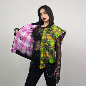 Punk bomber pink check plaid jacket anarchy sign reversible college varsity detachable sleeves handmade grunge doll print festival rave coat