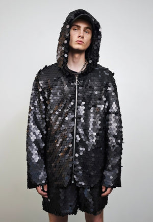 Black sequin jacket hooded shiny mermaid bomber holographic