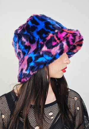 Leopard faux fur hat blue animal print bucket festival cap