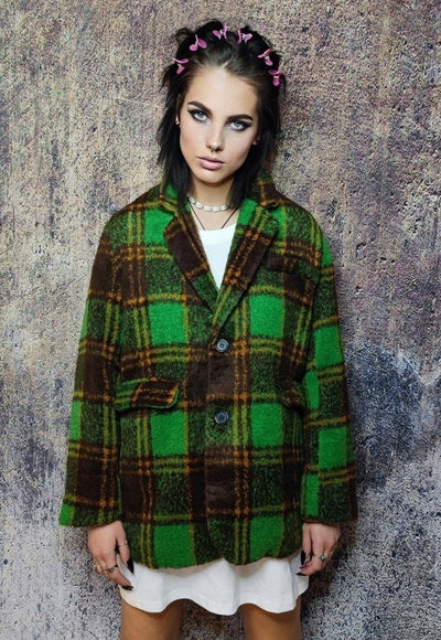 Plaid fleece blazer woollen check jacket retro bomber green