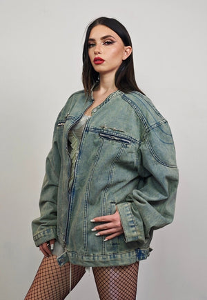 Denim varsity jacket round neck bleached jean college bomber