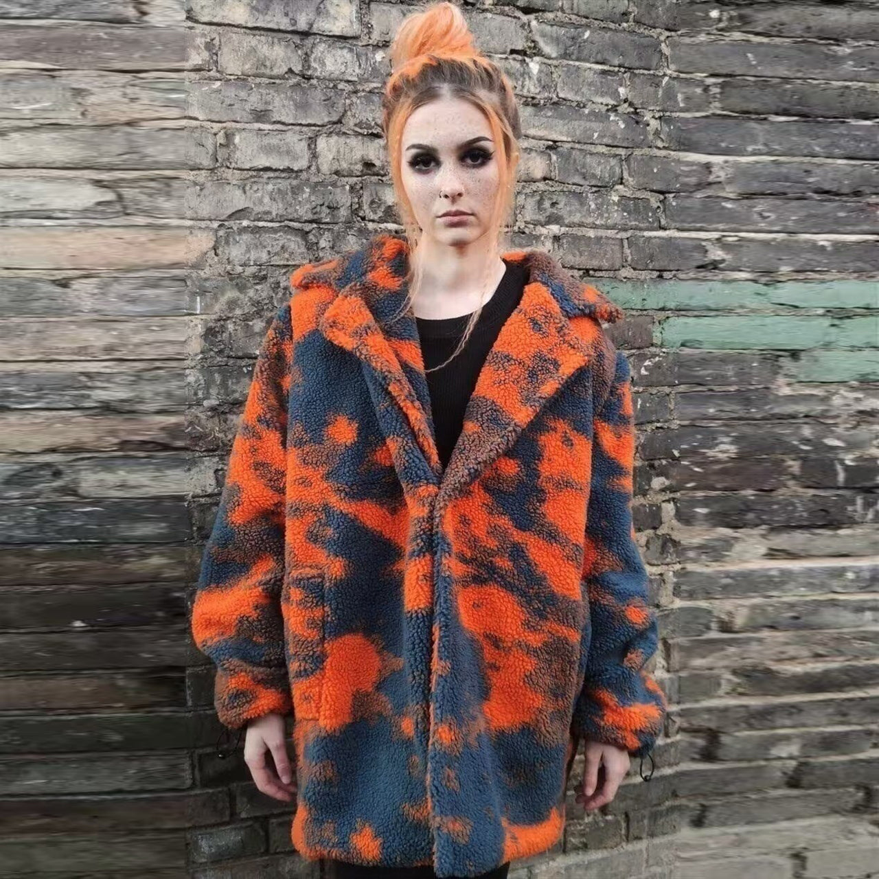 Camo fleece jacket handmade 2in1 abstract trench coat orange