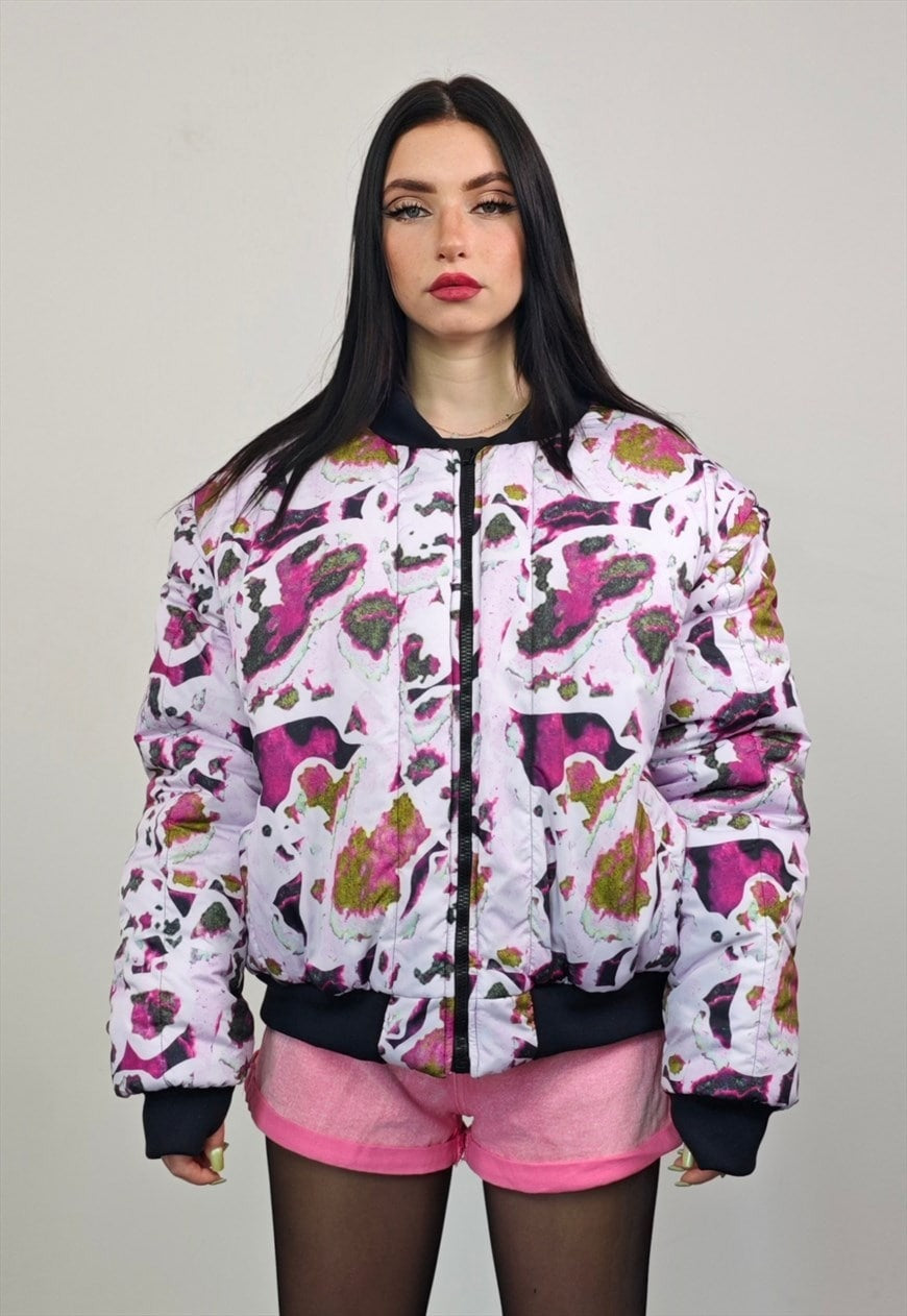 Leaves print varsity jacket pink forest reversible bomber