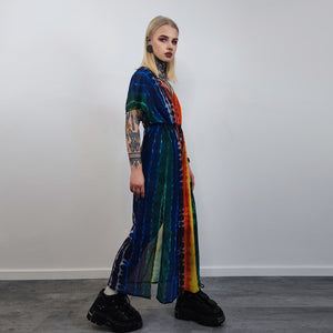 Transparent rainbow dress sleeveless Gay pride long gown side split LGBT sundress see-through tie-dye frock carnival sheath one size blouse