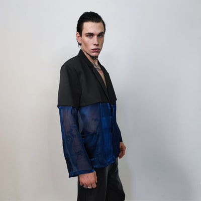 Transparent blazer see-through jacket going out coat fancy dress bomber catwalk blazer sheer glam rocker top satin varsity in blue black