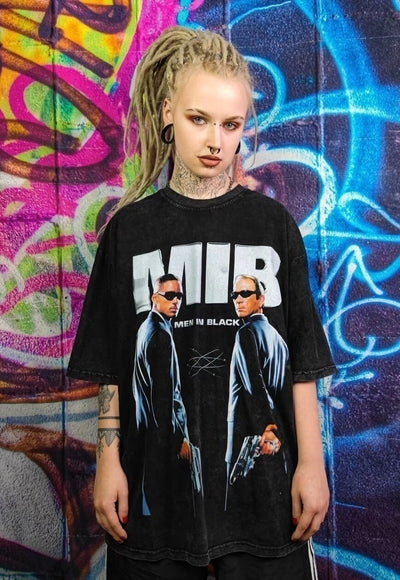 Men in black t-shirt Y2K retro movie print tee in acid black