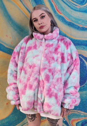 Reversible fleece bomber handmade tie-dye sports jacket pink