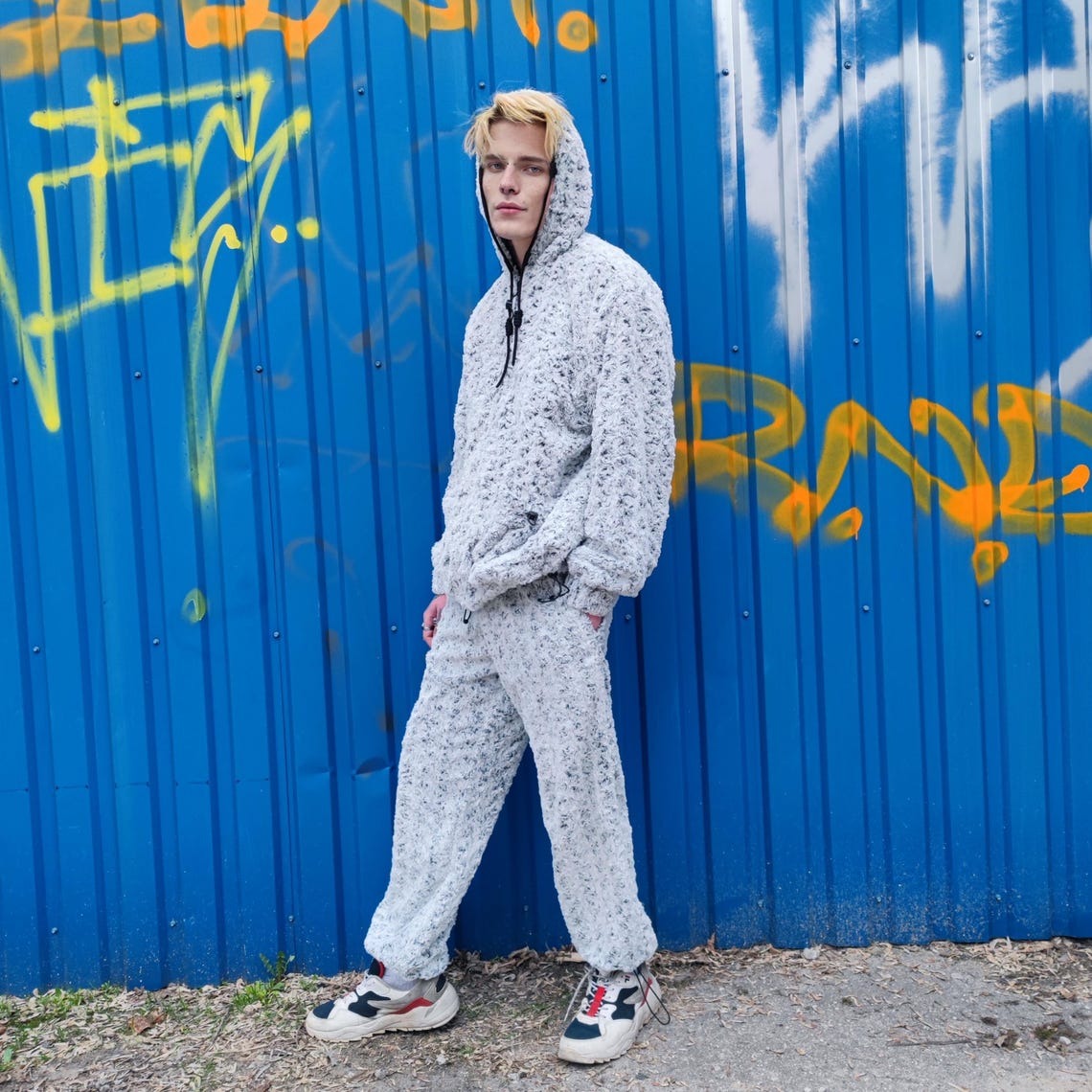 Fluffy fleece jacket hooded geometric bomber luxury grunge coat detachable sleeves handmade rose pattern overcoat fuzzy festival set grey