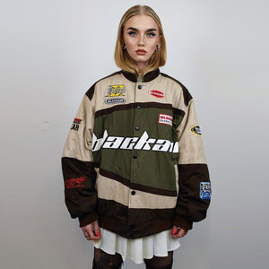 Racing denim jacket patch padded motorcycle bomber in brown