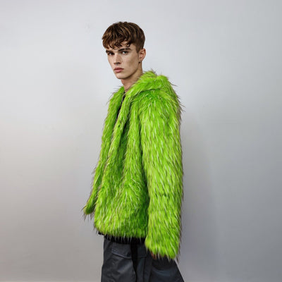 Hooded shaggy faux fur jacket neon bomber bright raver coat fluffy winter fleece luminous festival overcoat burning man fuzzy trench green