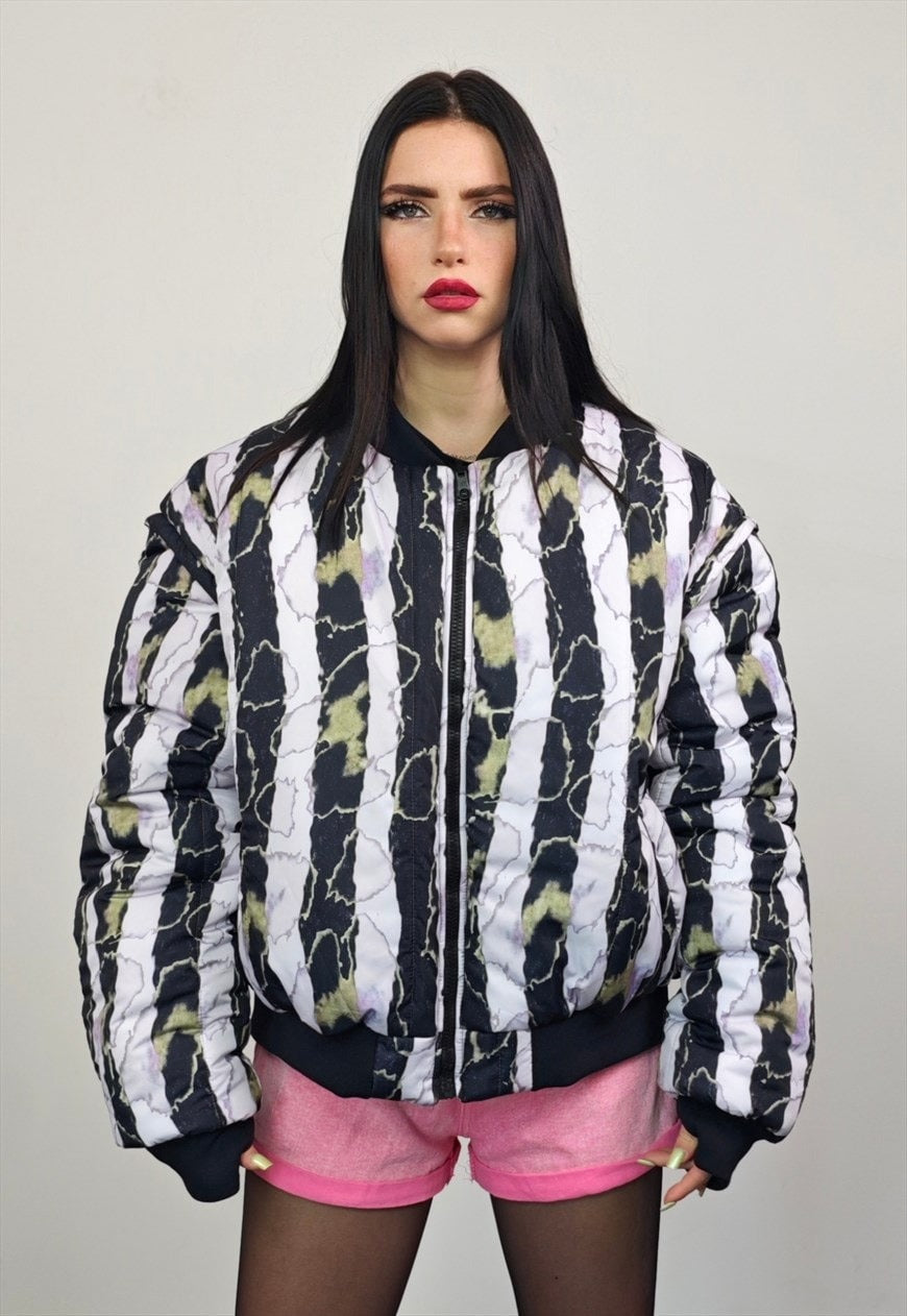 Vertical stripe varsity jacket beetle juice two sided bomber