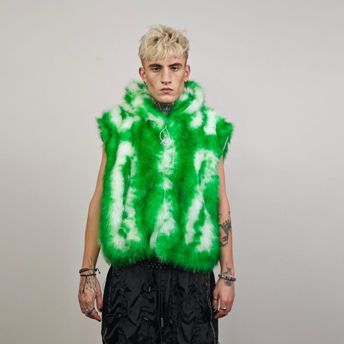 Green faux fur joggers tie-dye trousers abstract rave pants fluffy shorts custom festival bottoms burning man fleece set