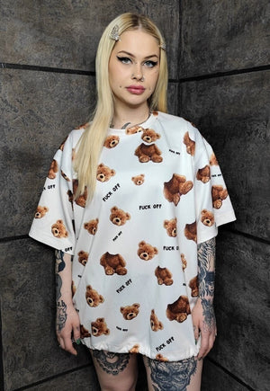 Teddy bear t-shirt handmade animal print rave top in cream