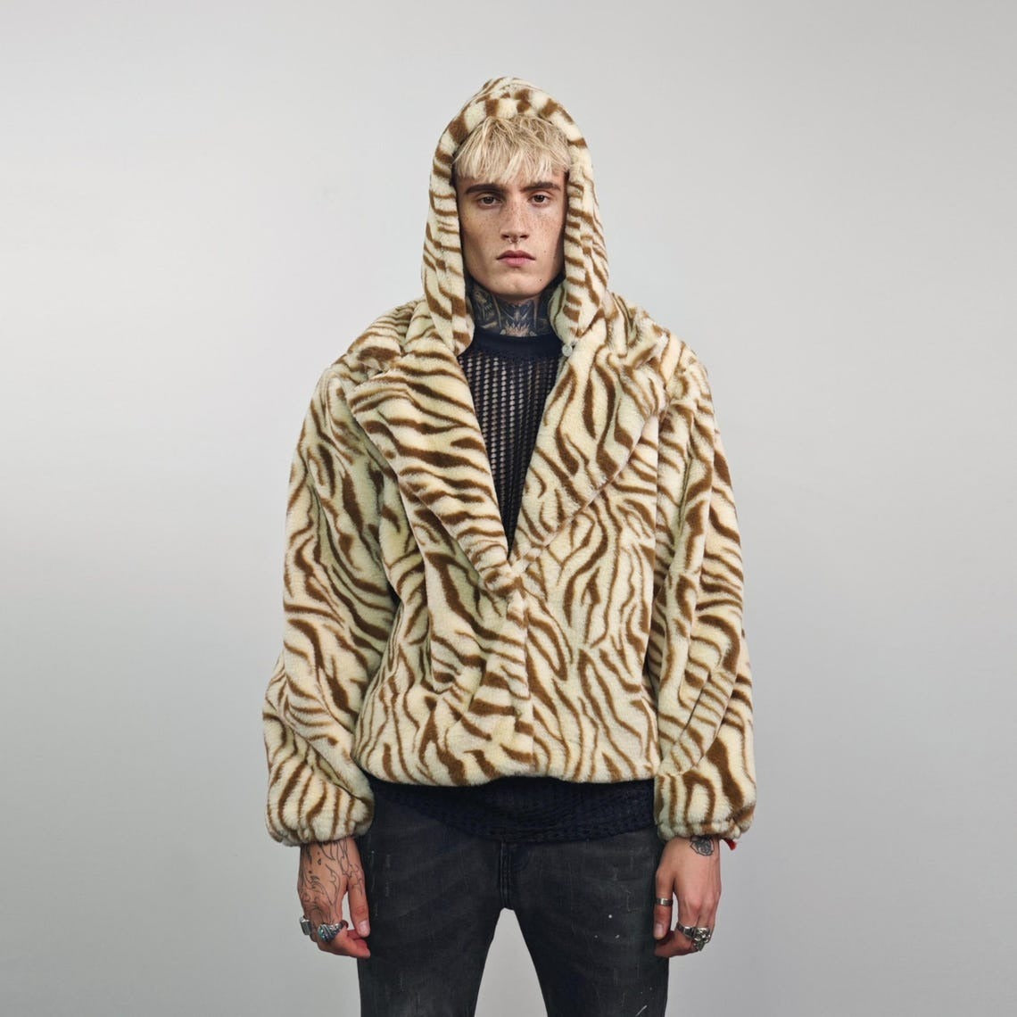 Cropped tiger coat brown short animal print jacket striped trench fauxfur detachable sleeves handmade zebra pattern festival overcoat fleece