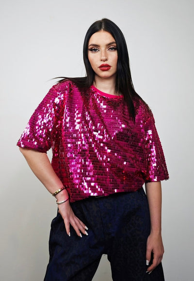 Pink sequin top embellished luxury embroidered shiny t-shirt