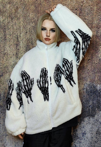 Bones fleece jacket faux fur grunge skeleton bomber in white