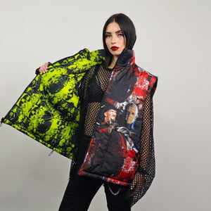 Horror fan jacket creepy print bomber green reversible punk college varsity detachable sleeves handmade gothic puffer hooded festival coat