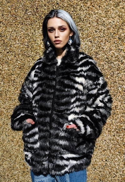 Faux fur stripe jacket retro fluffy fleece zebra bomber grey