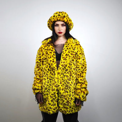 Yellow leopard bucket faux fur hat oversize animal print cap festival fisherman hat furry headwear jaguar headband lynx psychedelic rave cap