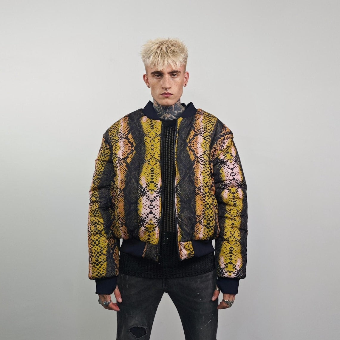 Snake print bomber red python jacket reversible college varsity detachable sleeves handmade grunge rocker coat