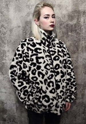 Reversible leopard bomber 70s animal varsity jacket white