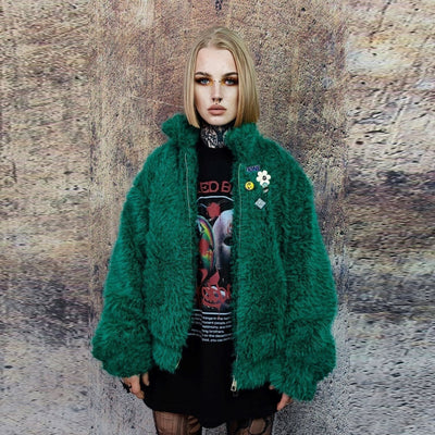 Faux fur bomber jacket fluffy aviator jacket soft coat green