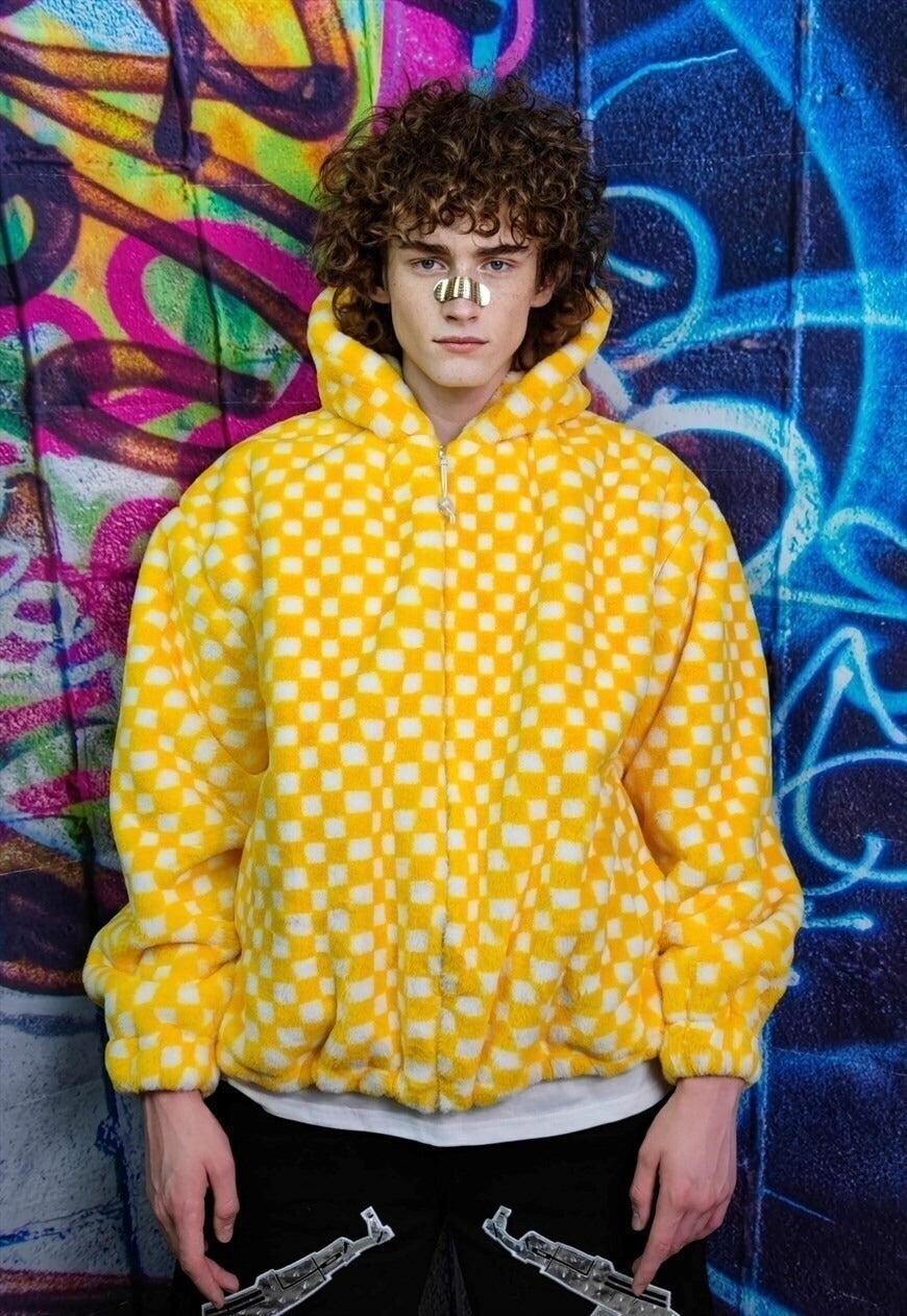 Check fleece hooded jacket detachable fluffy checkboard coat
