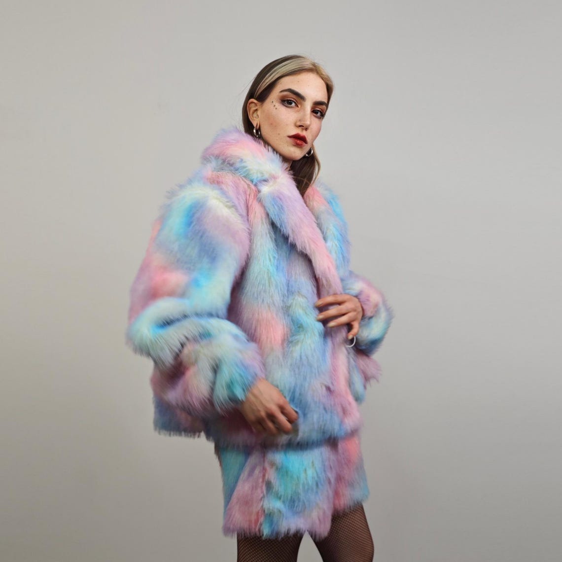 Rainbow faux fur coat tiedye trench shaggy cropped gay jacket LGBT bomber fuzzy unicorn detachable sleeves festival overcoat carnival fleece