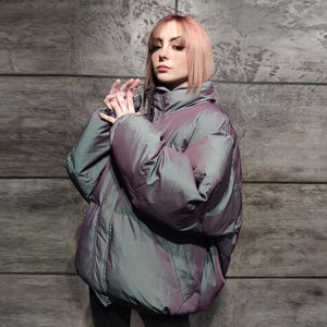 Luminous bomber shiny jacket reflective puffer silver purple