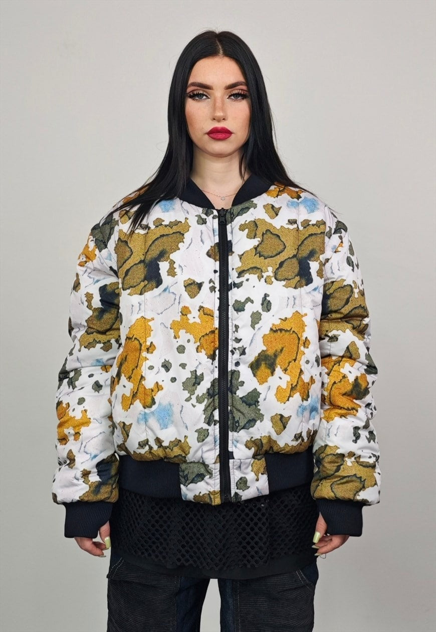 Leaves print varsity jacket forest reversible 4in1 bomber